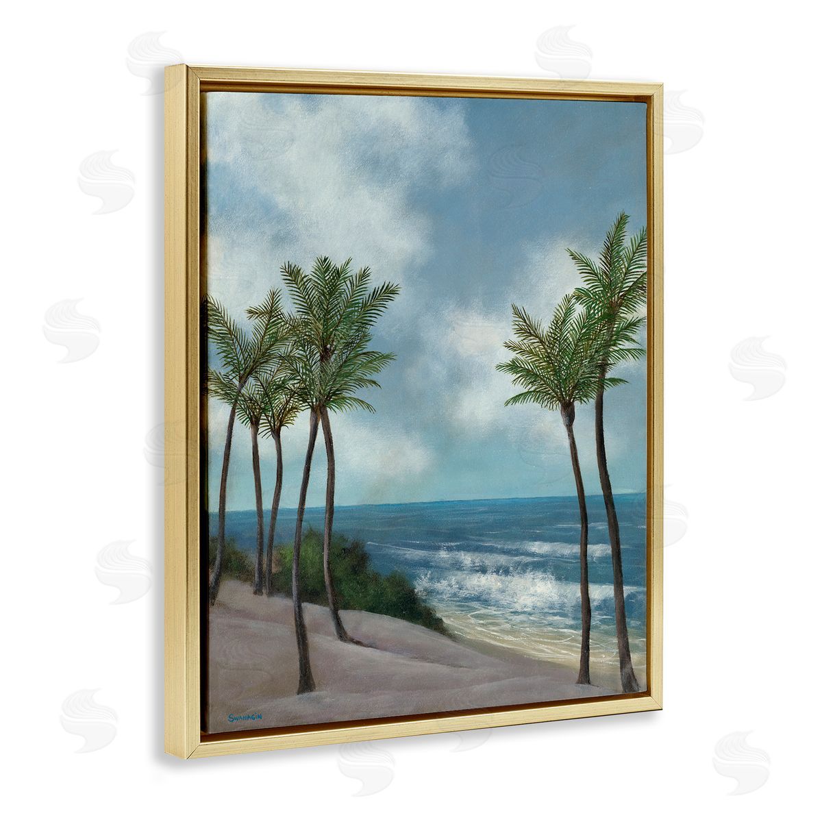 Tropical Crashing Waves Gold Floating Frame Canvas Wall Art, Home Decor by David Swanagin