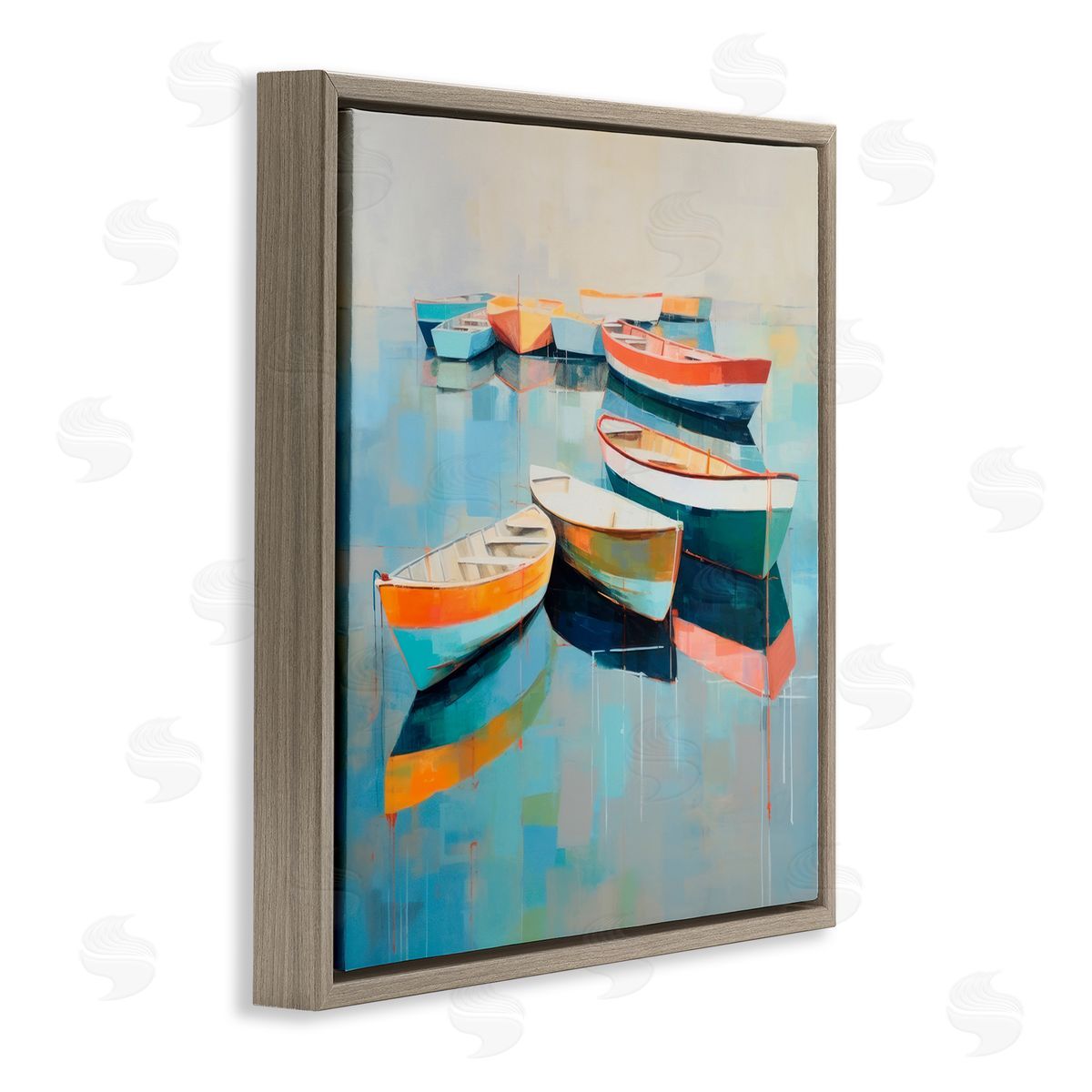Boats on Shoreline Brown Floating Frame Canvas Wall Art, Home Decor by Irena Orlov