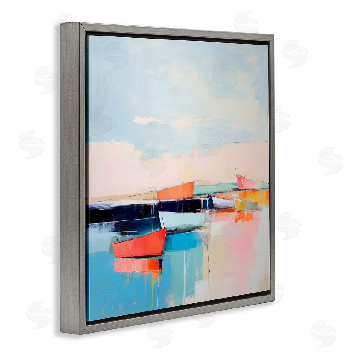 Vivid Boat Reflection Grey Floating Frame Canvas Wall Art, Home Decor by Irena Orlov