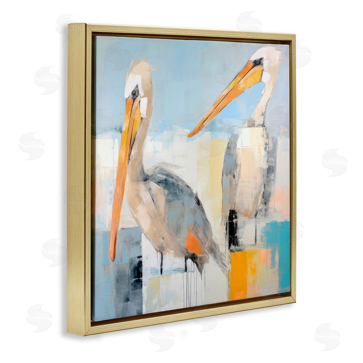 Pelicans Abstract Pattern Gold Floating Frame Canvas Wall Art, Home Decor by Irena Orlov