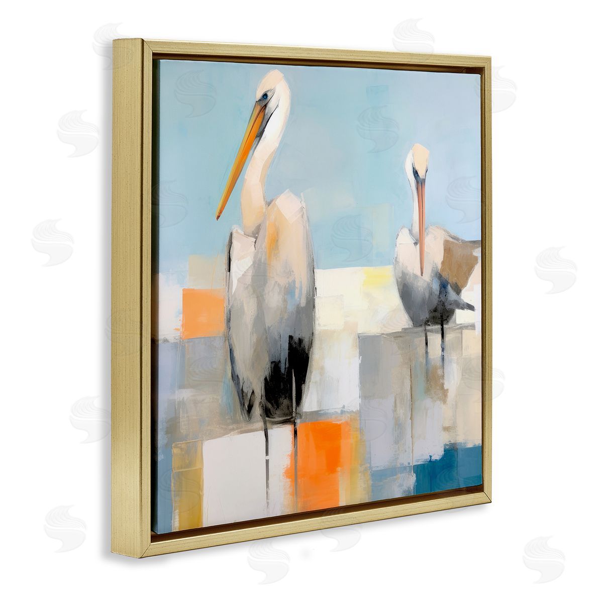 Nautical Pelicans Abstract Gold Floating Frame Canvas Wall Art, Home Decor by Irena Orlov