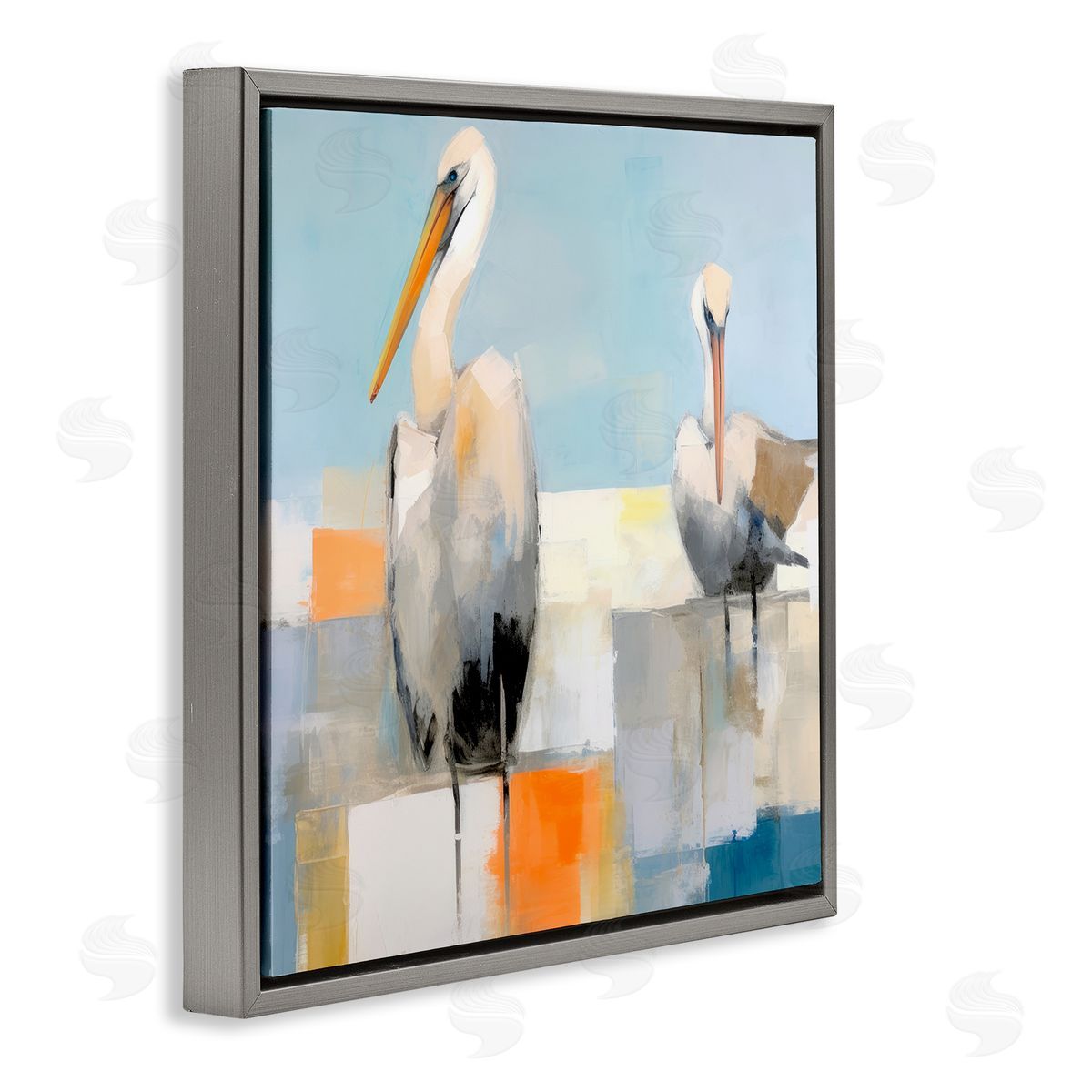 Nautical Pelicans Abstract Grey Floating Frame Canvas Wall Art, Home Decor by Irena Orlov