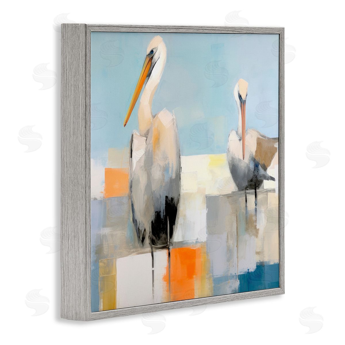 Nautical Pelicans Abstract Grey Frame Print Wall Art, Home Decor by Irena Orlov