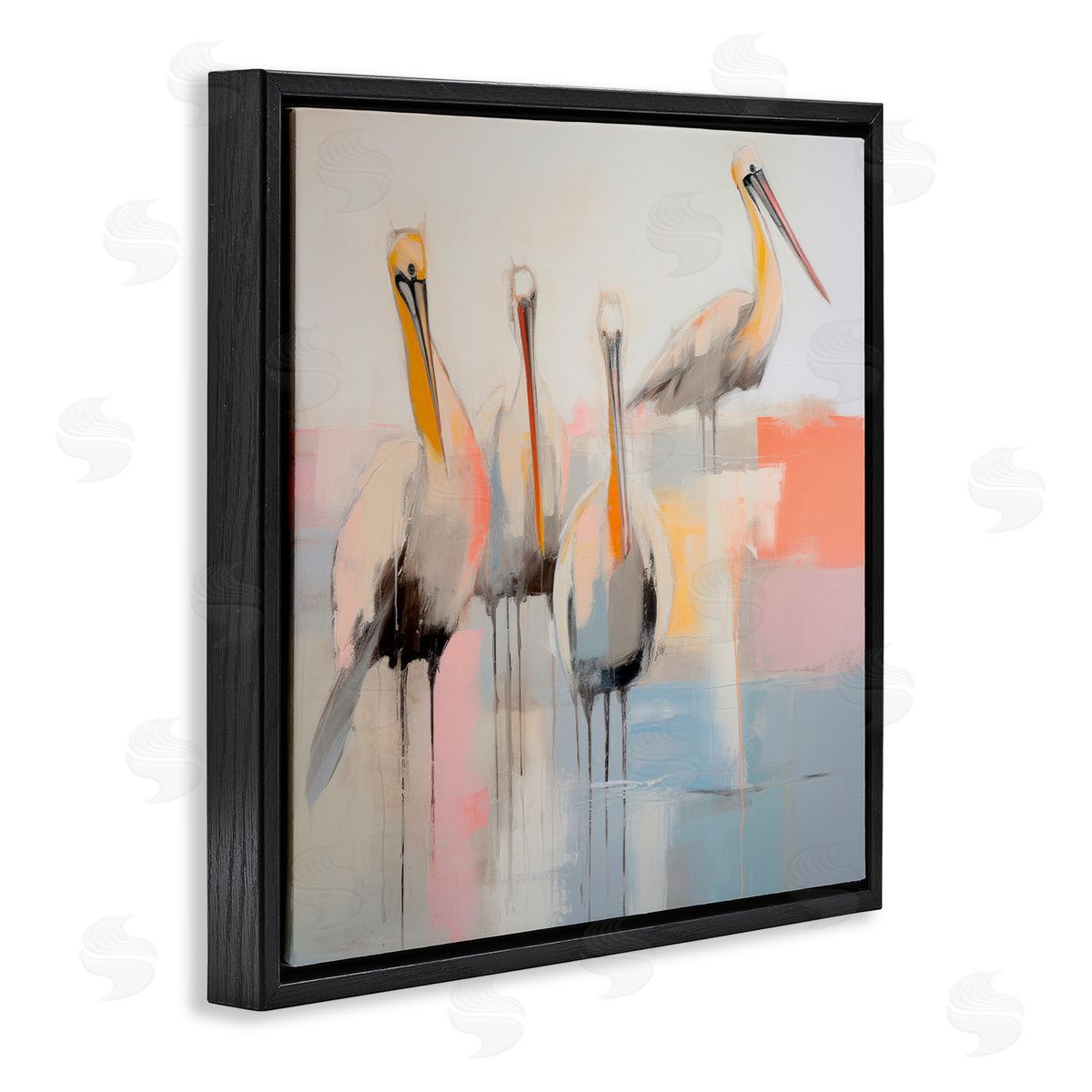 Abstract Pelicans Scene Black Floating Frame Canvas Wall Art, Home Decor by Irena Orlov