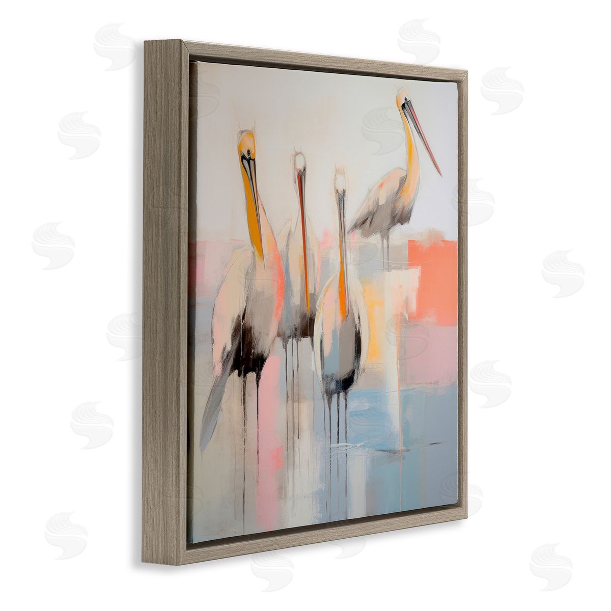 Abstract Pelicans Scene Brown Floating Frame Canvas Wall Art, Home Decor by Irena Orlov