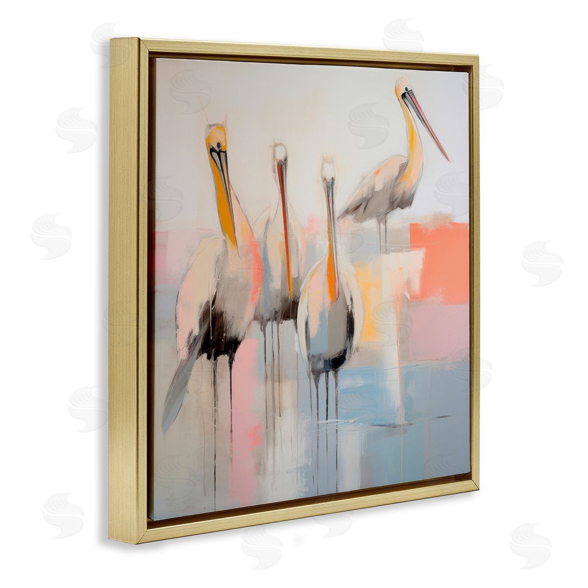 Abstract Pelicans Scene Gold Floating Frame Canvas Wall Art, Home Decor by Irena Orlov