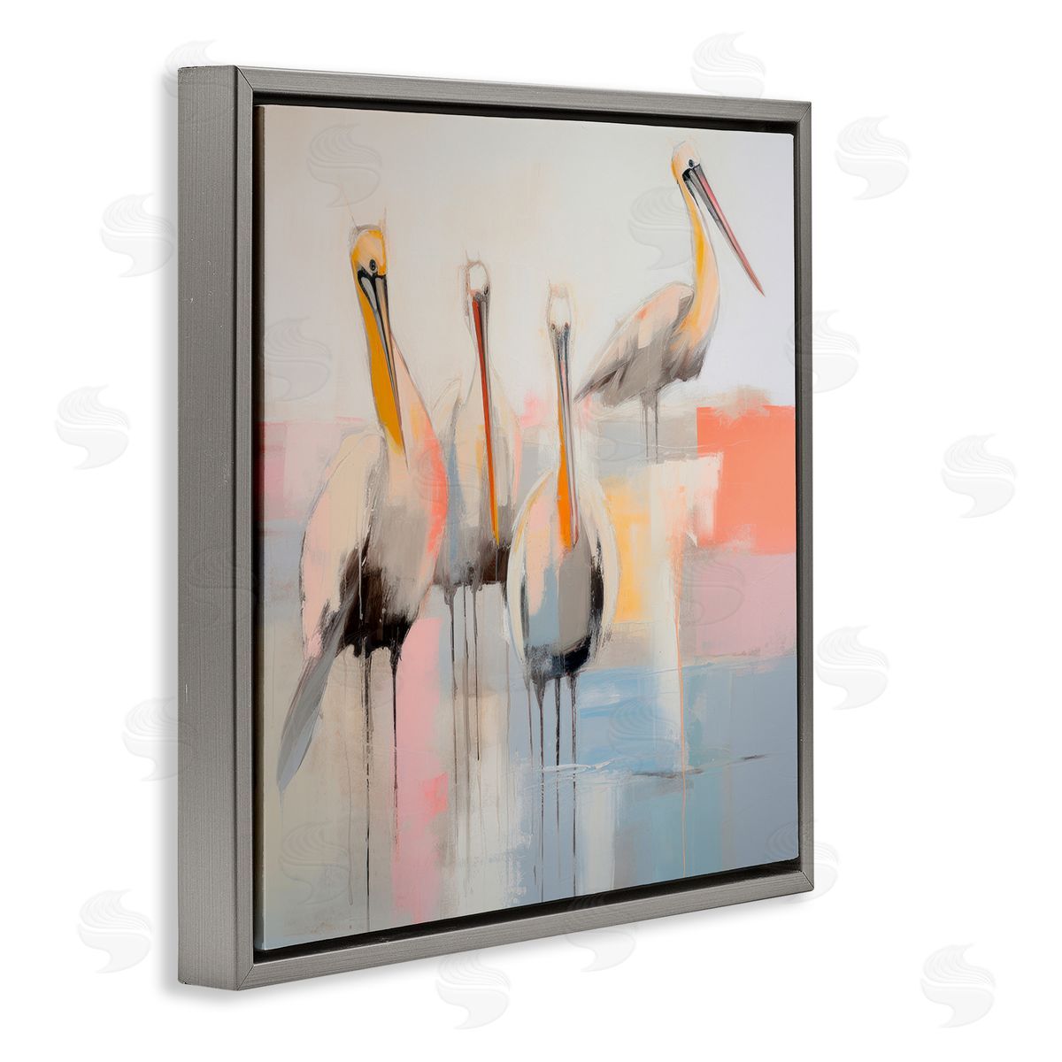 Abstract Pelicans Scene Grey Floating Frame Canvas Wall Art, Home Decor by Irena Orlov