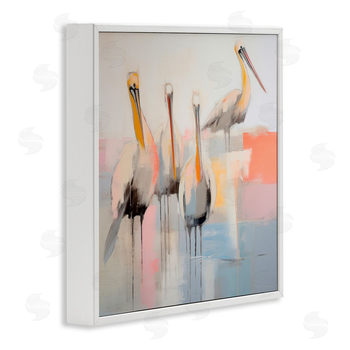 Abstract Pelicans Scene White Frame Print Wall Art, Home Decor by Irena Orlov