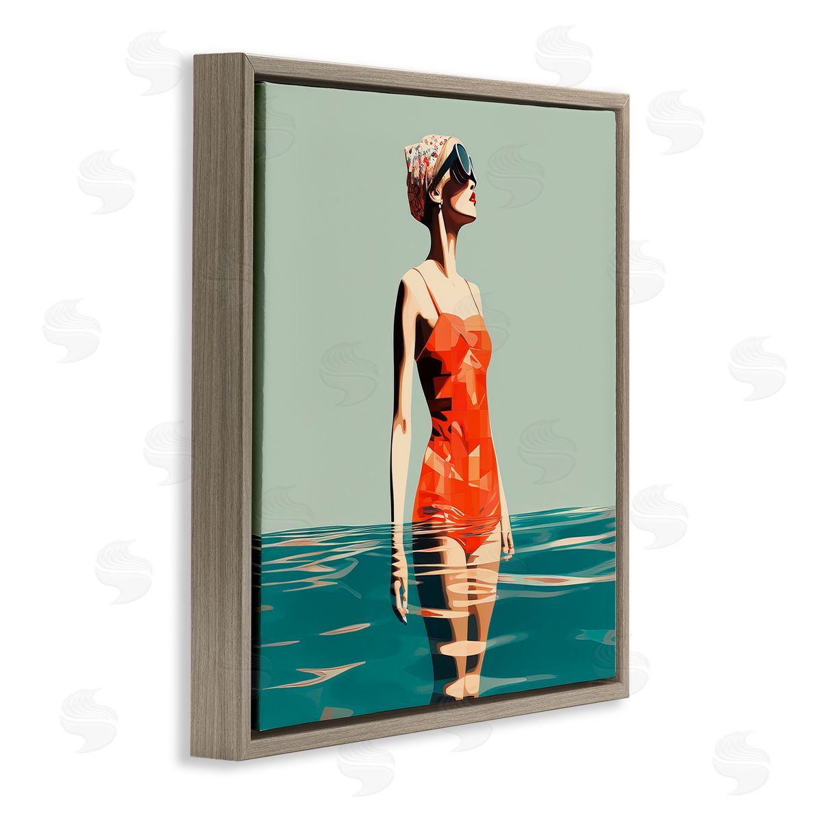 Retro Woman in Swimsuit Brown Floating Frame Canvas Wall Art, Home Decor by Irena Orlov