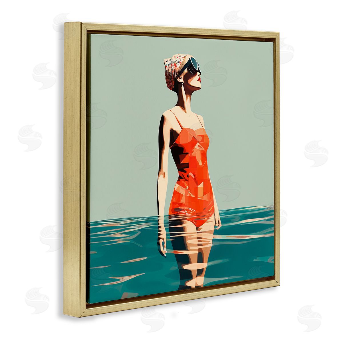 Retro Woman in Swimsuit Gold Floating Frame Canvas Wall Art, Home Decor by Irena Orlov