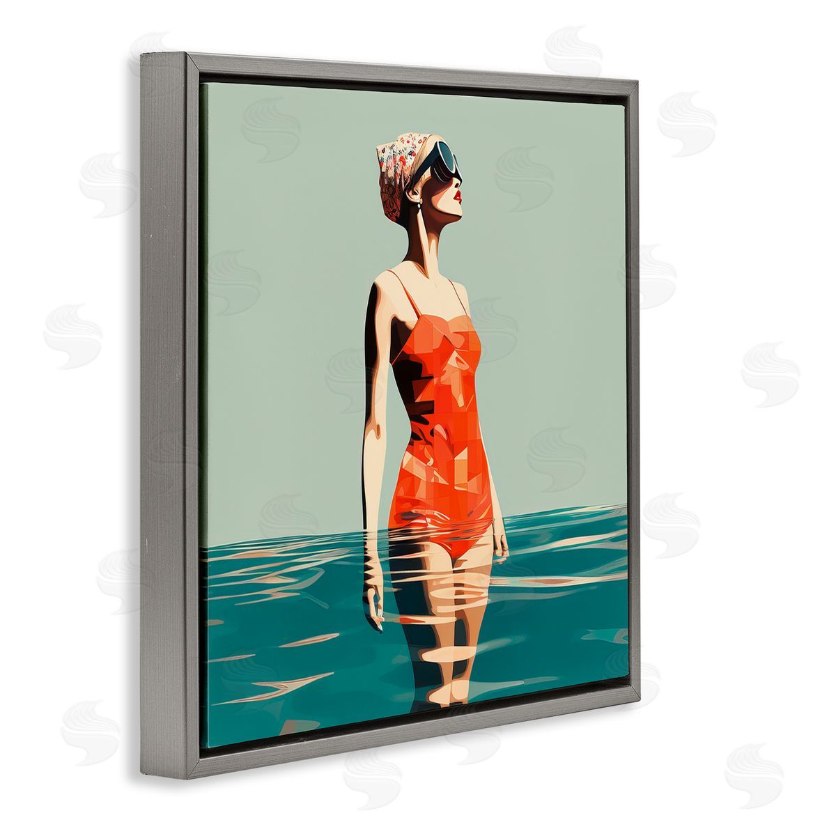 Retro Woman in Swimsuit Grey Floating Frame Canvas Wall Art, Home Decor by Irena Orlov