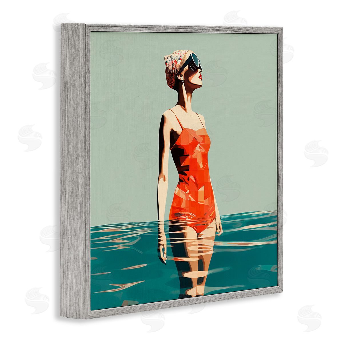 Retro Woman in Swimsuit Grey Frame Print Wall Art, Home Decor by Irena Orlov