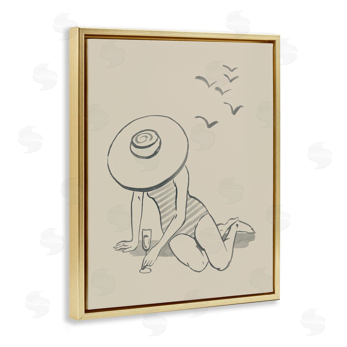 Girl on Beach Sketch Gold Floating Frame Canvas Wall Art, Home Decor by Grace Popp