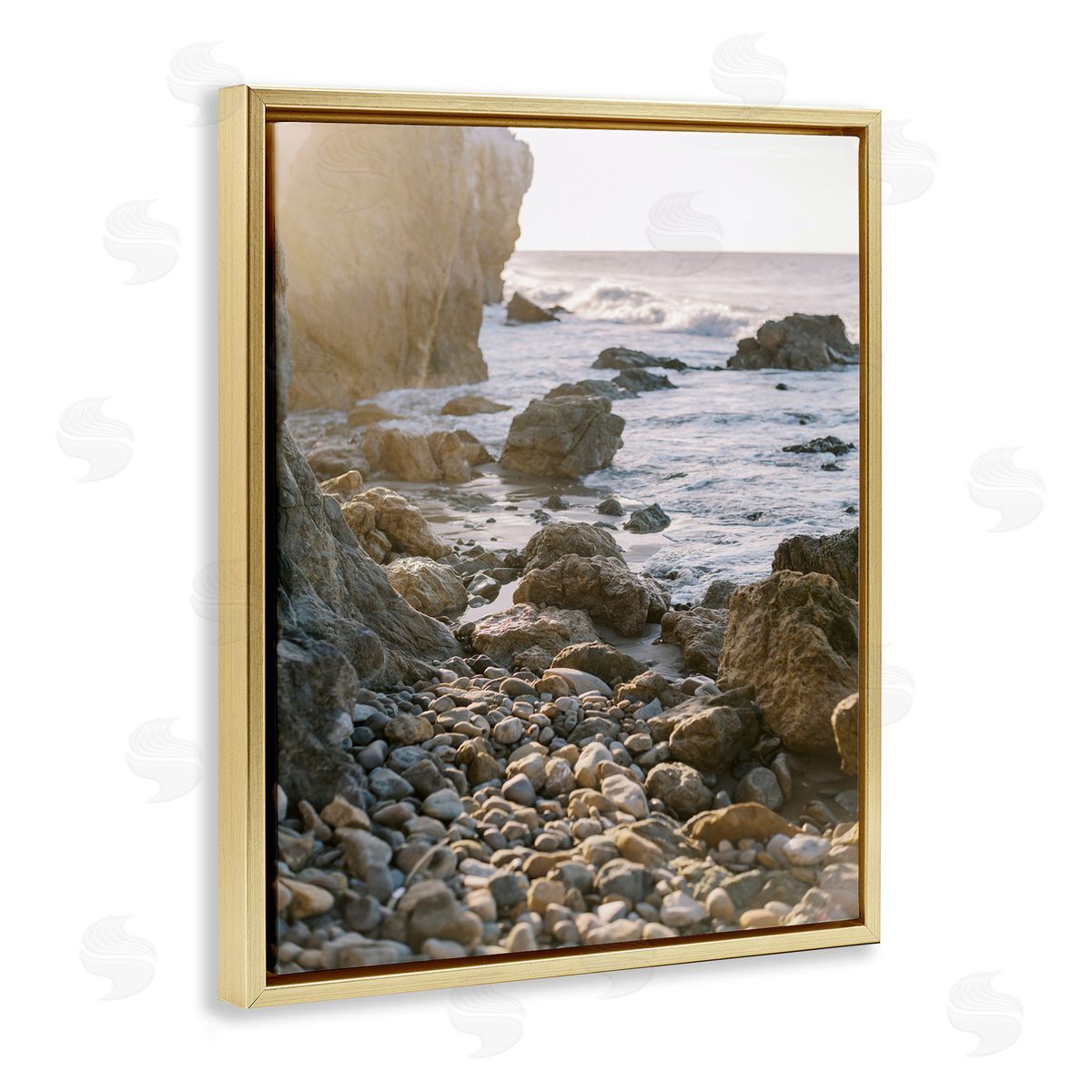 Rocky Coast Waves Gold Floating Frame Canvas Wall Art, Home Decor by Justine Milton