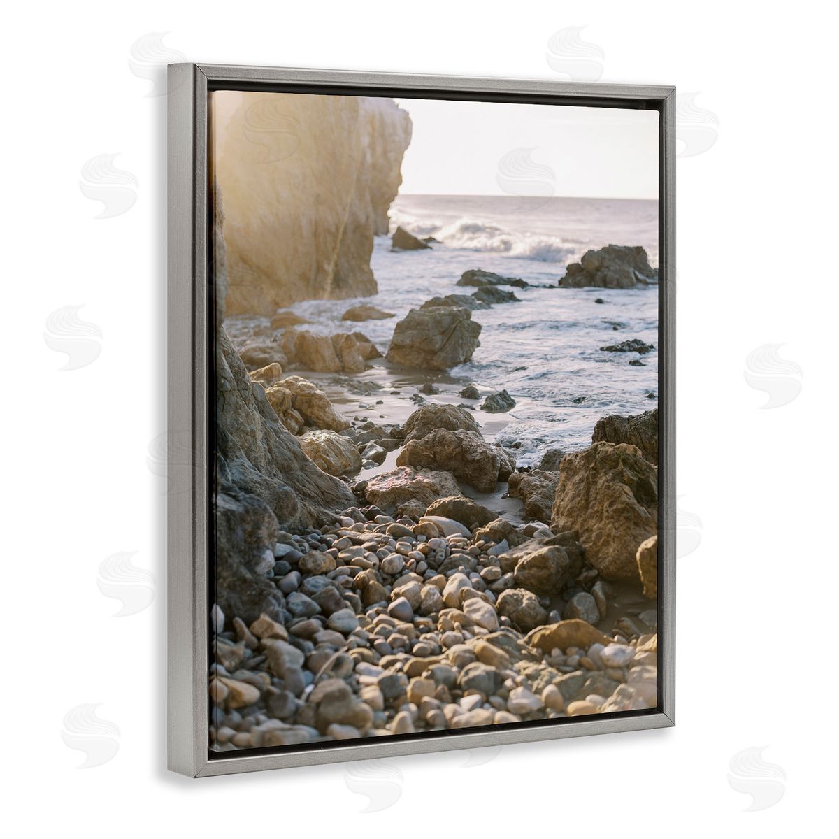 Rocky Coast Waves Grey Floating Frame Canvas Wall Art, Home Decor by Justine Milton