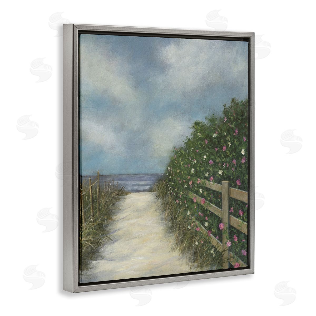 Floral Lined Beach Path Grey Floating Frame Canvas Wall Art, Home Decor by David Swanagin