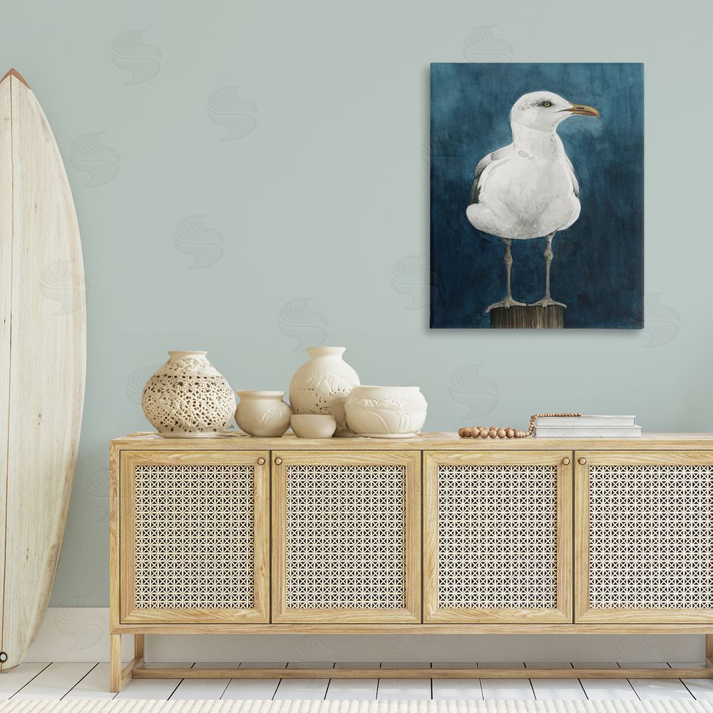 Grace Popp Seagull Perched over Blue Canvas Wall Art Print in Room