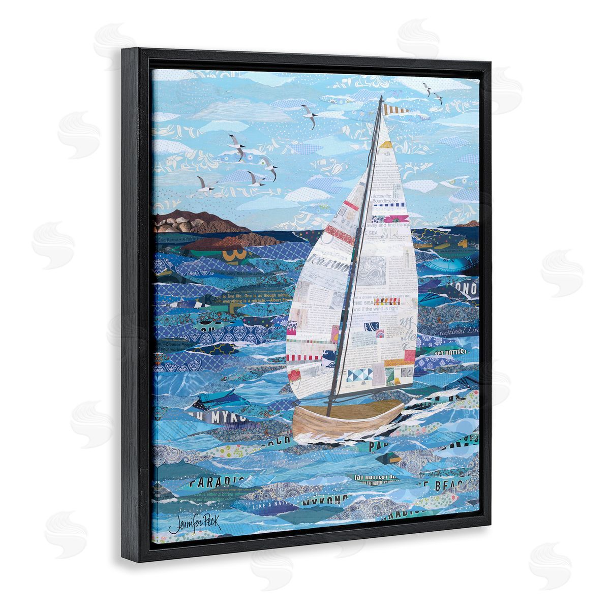 Collaged Sailboat Scene Black Floating Frame Canvas Wall Art, Home Decor by Jennifer Peck