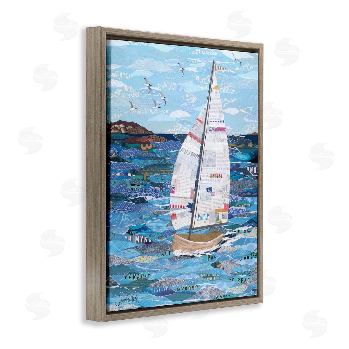 Collaged Sailboat Scene Brown Floating Frame Canvas Wall Art, Home Decor by Jennifer Peck