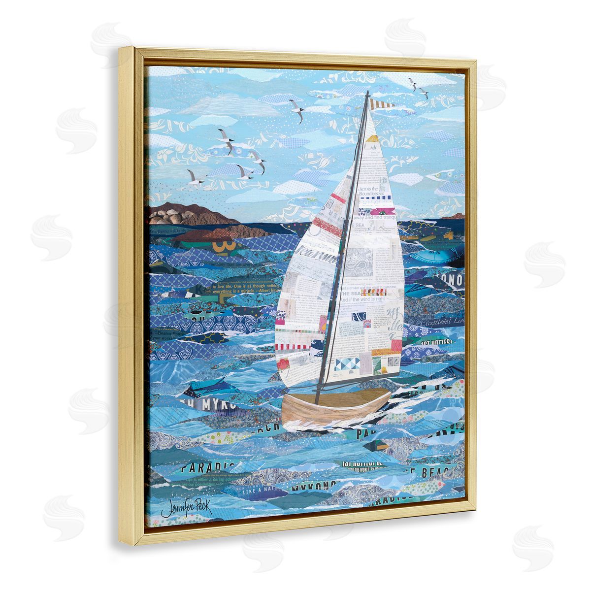 Collaged Sailboat Scene Gold Floating Frame Canvas Wall Art, Home Decor by Jennifer Peck