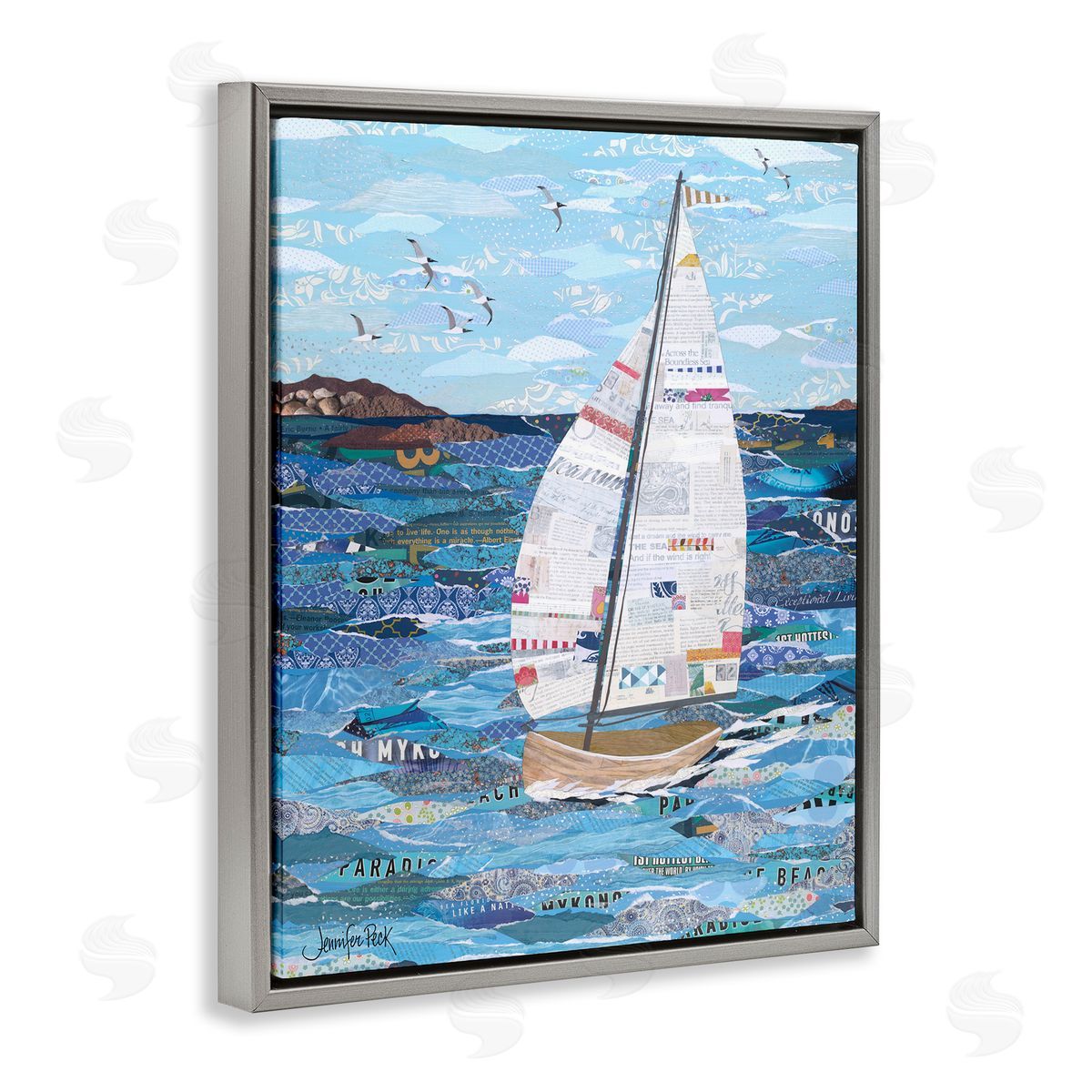 Collaged Sailboat Scene Grey Floating Frame Canvas Wall Art, Home Decor by Jennifer Peck