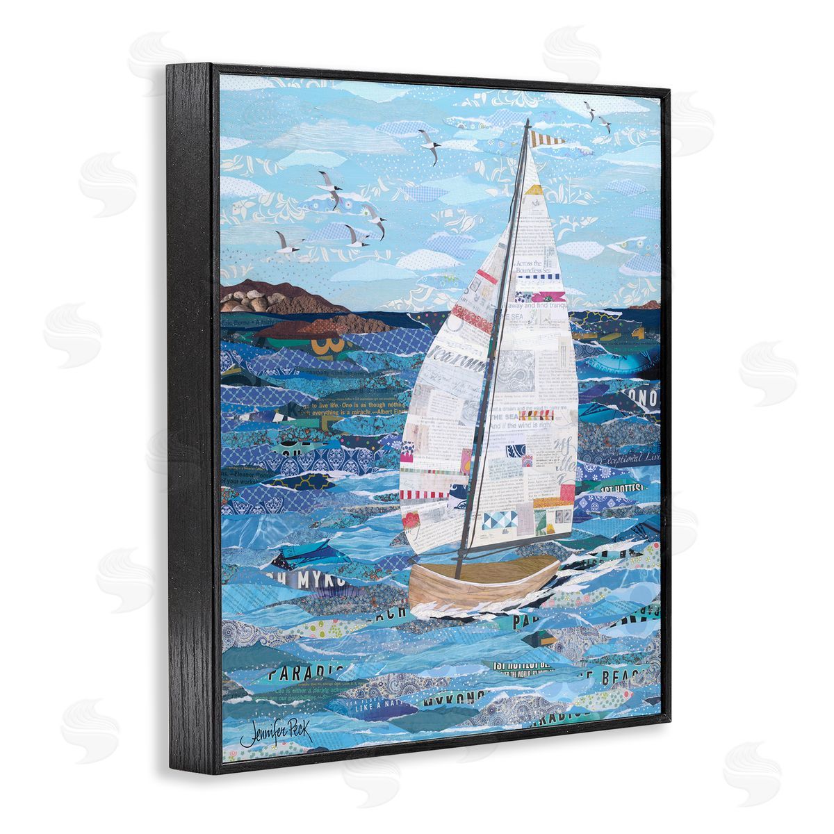 Collaged Sailboat Scene Black Frame Print Wall Art, Home Decor by Jennifer Peck