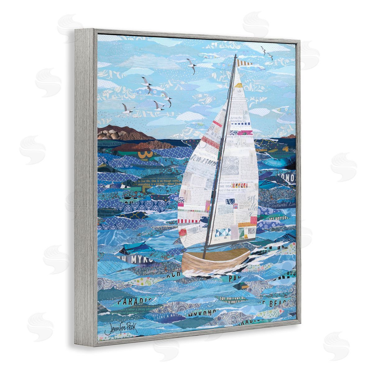 Collaged Sailboat Scene Grey Frame Print Wall Art, Home Decor by Jennifer Peck