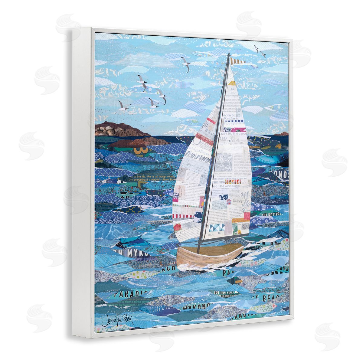 Collaged Sailboat Scene White Frame Print Wall Art, Home Decor by Jennifer Peck