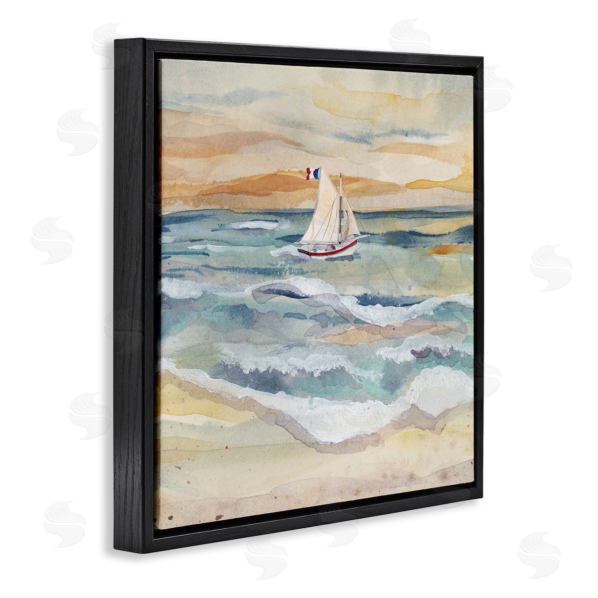 Watercolor Boat Beach View Black Floating Frame Canvas Wall Art, Home Decor by Audrey Jeanne Roberts