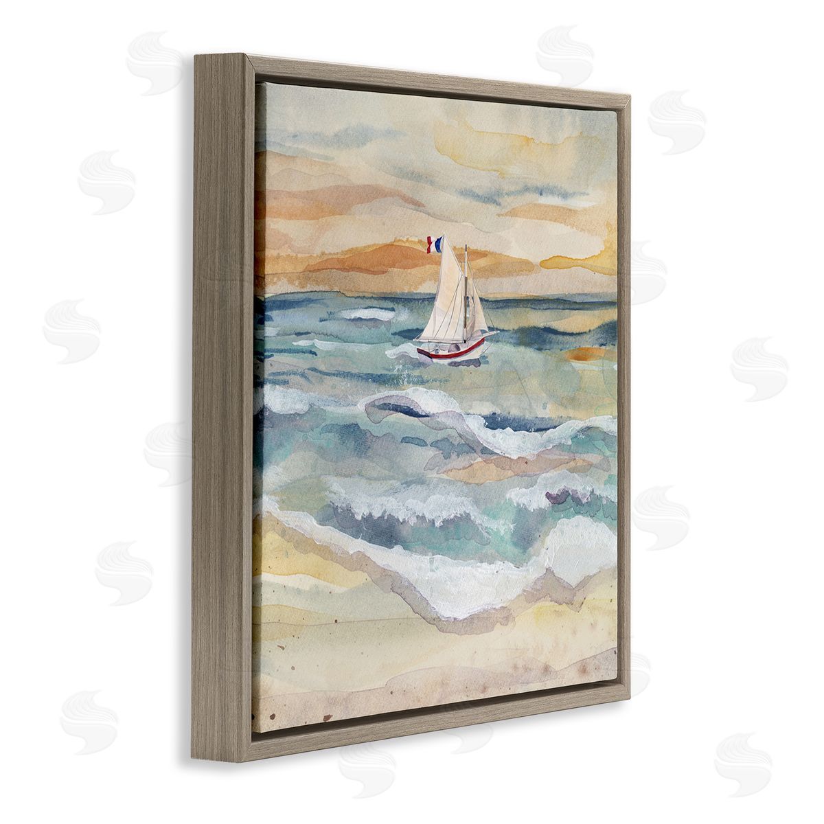 Watercolor Boat Beach View Brown Floating Frame Canvas Wall Art, Home Decor by Audrey Jeanne Roberts