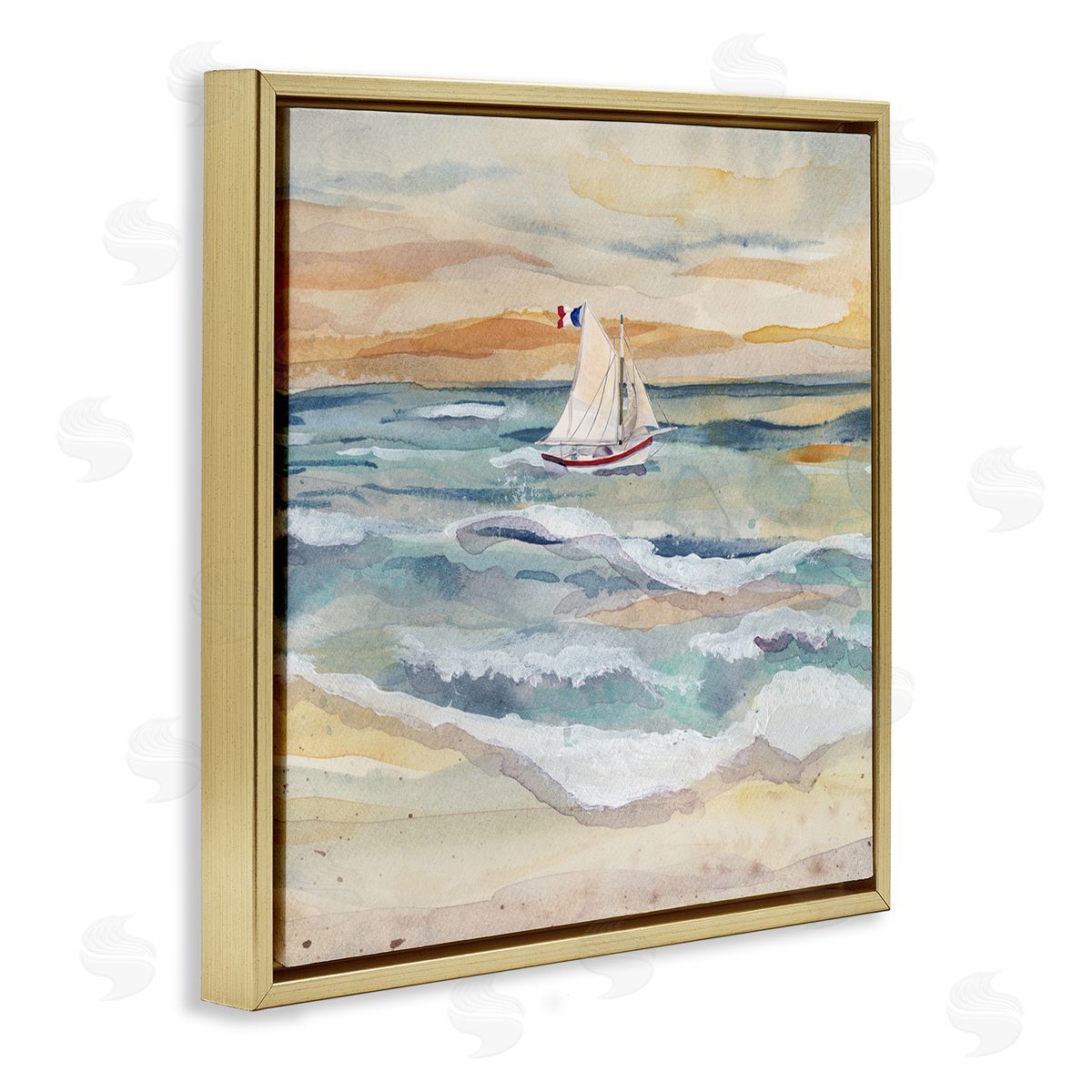 Watercolor Boat Beach View Gold Floating Frame Canvas Wall Art, Home Decor by Audrey Jeanne Roberts