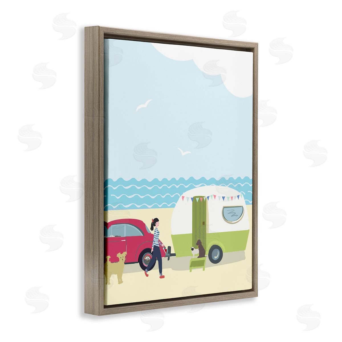 Betty Boynes Beach Day with Dogs Brown Floating Frame Canvas Wall Art Print