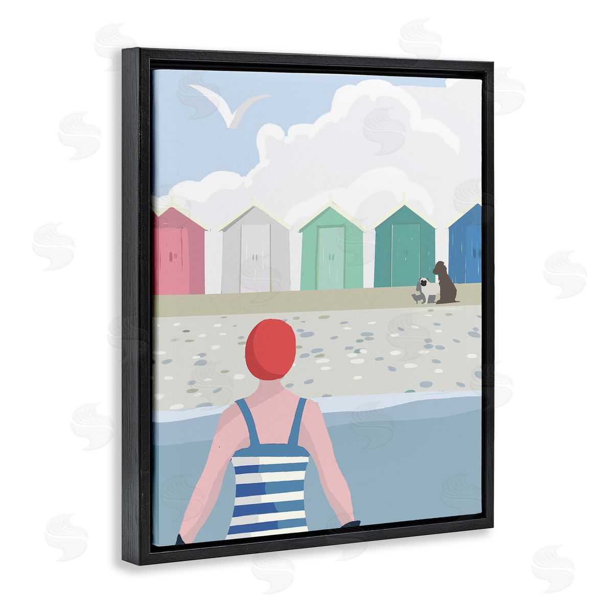 Betty Boynes Beach Huts View Black Floating Frame Canvas Wall Art Print