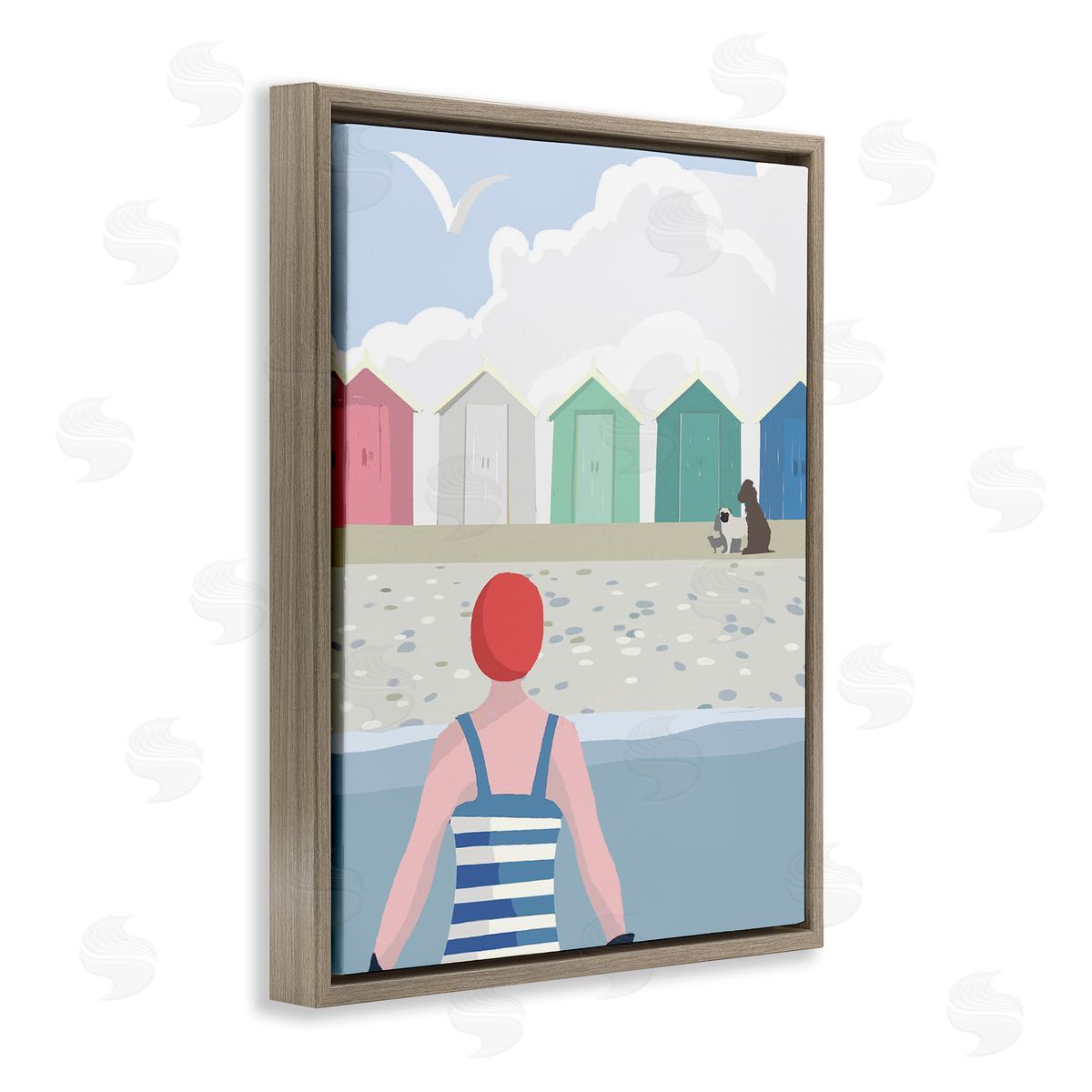 Betty Boynes Beach Huts View Brown Floating Frame Canvas Wall Art Print