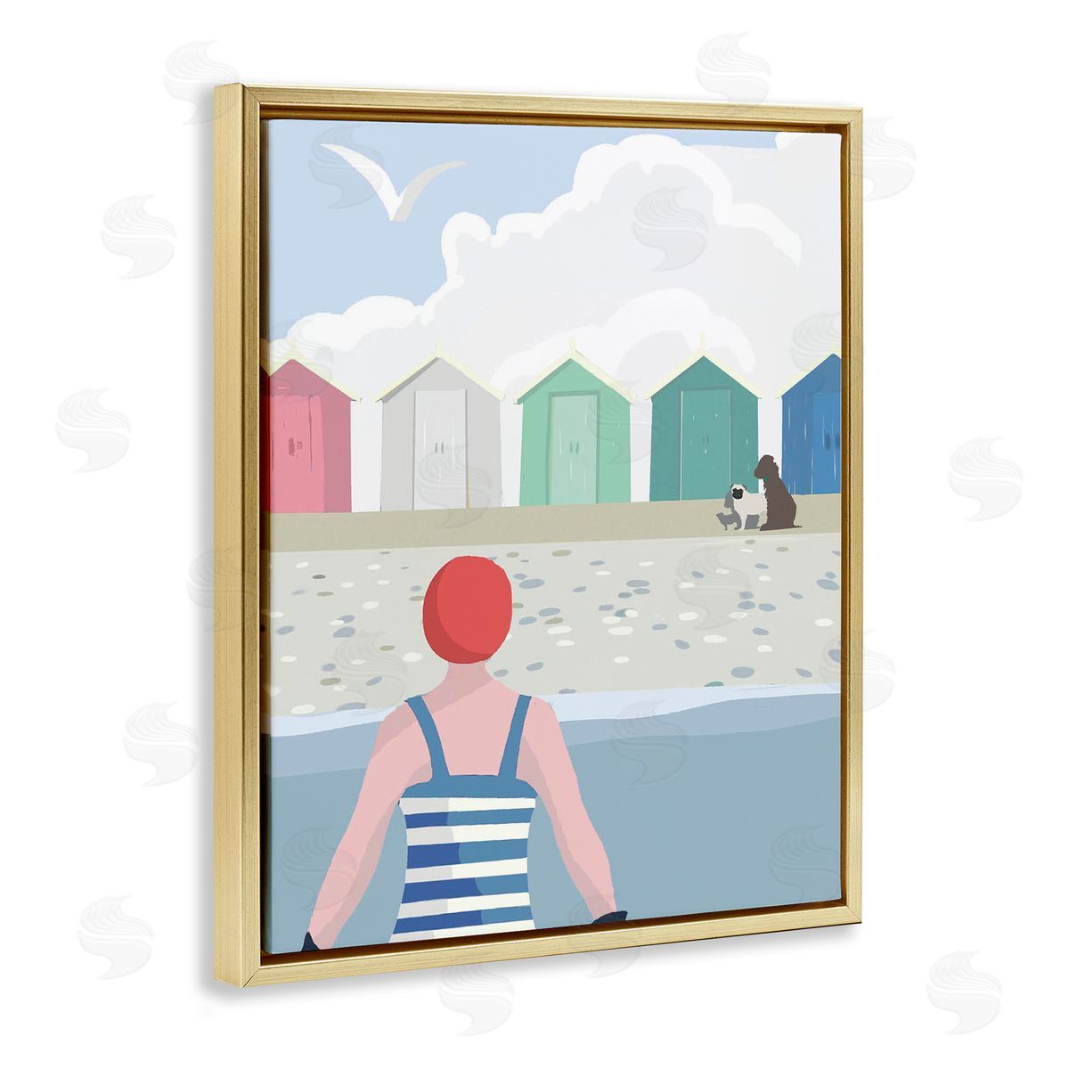 Betty Boynes Beach Huts View Gold Floating Frame Canvas Wall Art Print