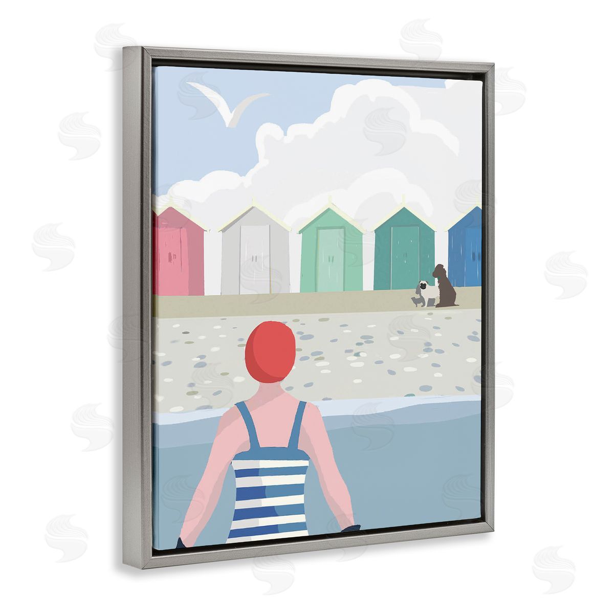 Betty Boynes Beach Huts View Gray Floating Frame Canvas Wall Art Print