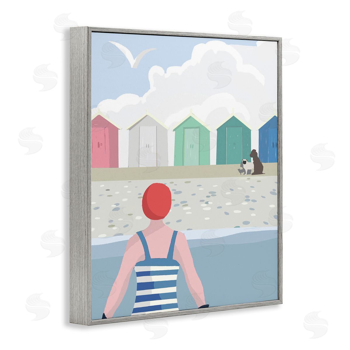 Betty Boynes Beach Huts View Gray Framed Giclee Wall Art Print