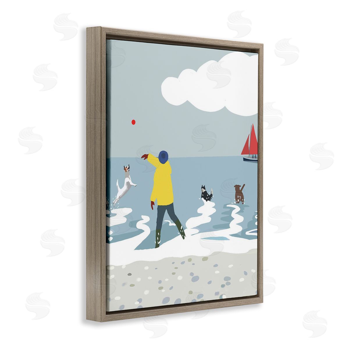 Betty Boynes Catching Ball on Beach Brown Floating Frame Canvas Wall Art Print