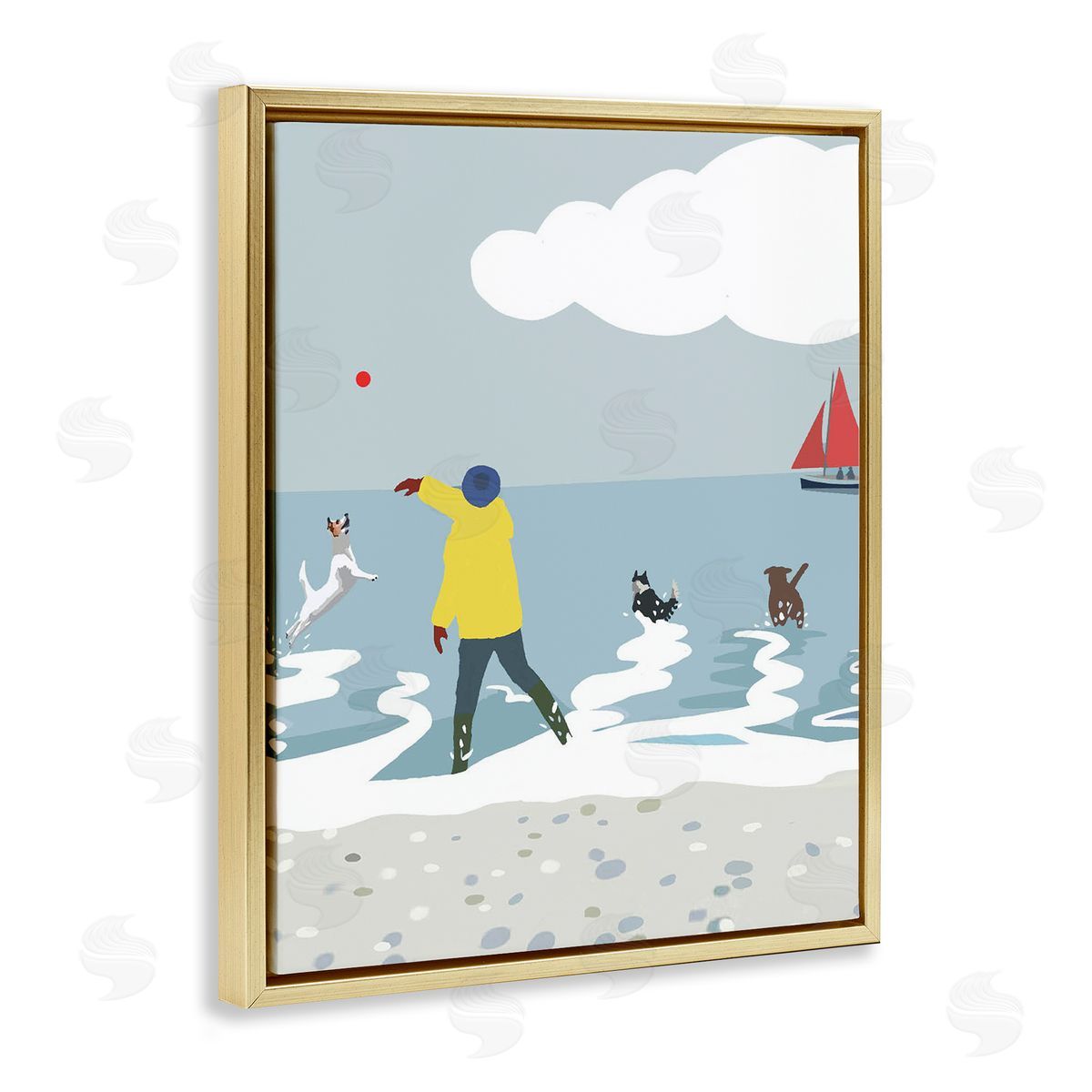 Betty Boynes Catching Ball on Beach Gold Floating Frame Canvas Wall Art Print
