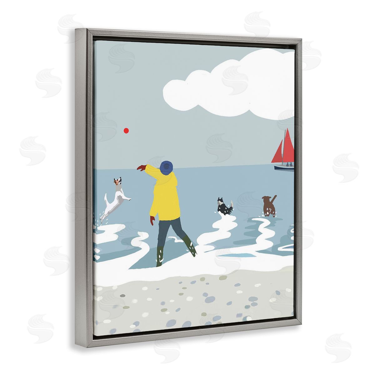 Betty Boynes Catching Ball on Beach Gray Floating Frame Canvas Wall Art Print