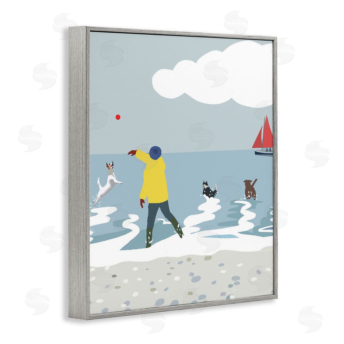 Betty Boynes Catching Ball on Beach Gray Framed Giclee Wall Art Print