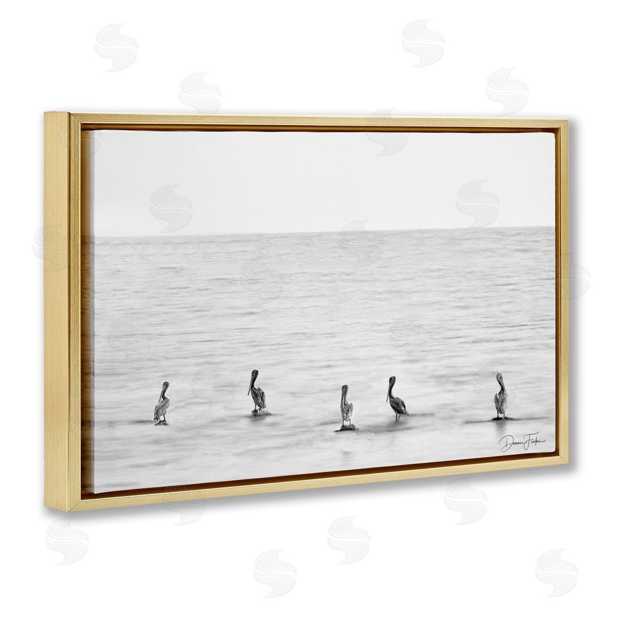 Pelicans on Shore Gold Floating Frame Canvas Wall Art, Home Decor by Dennis Frates