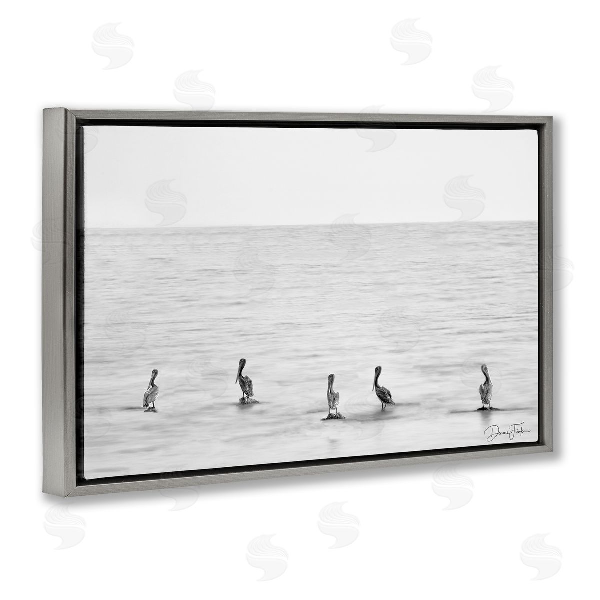 Pelicans on Shore Grey Floating Frame Canvas Wall Art, Home Decor by Dennis Frates