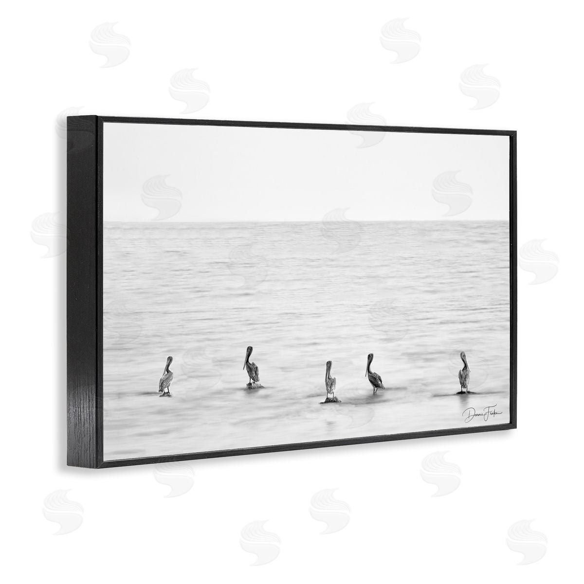Pelicans on Shore Black Frame Print Wall Art, Home Decor by Dennis Frates