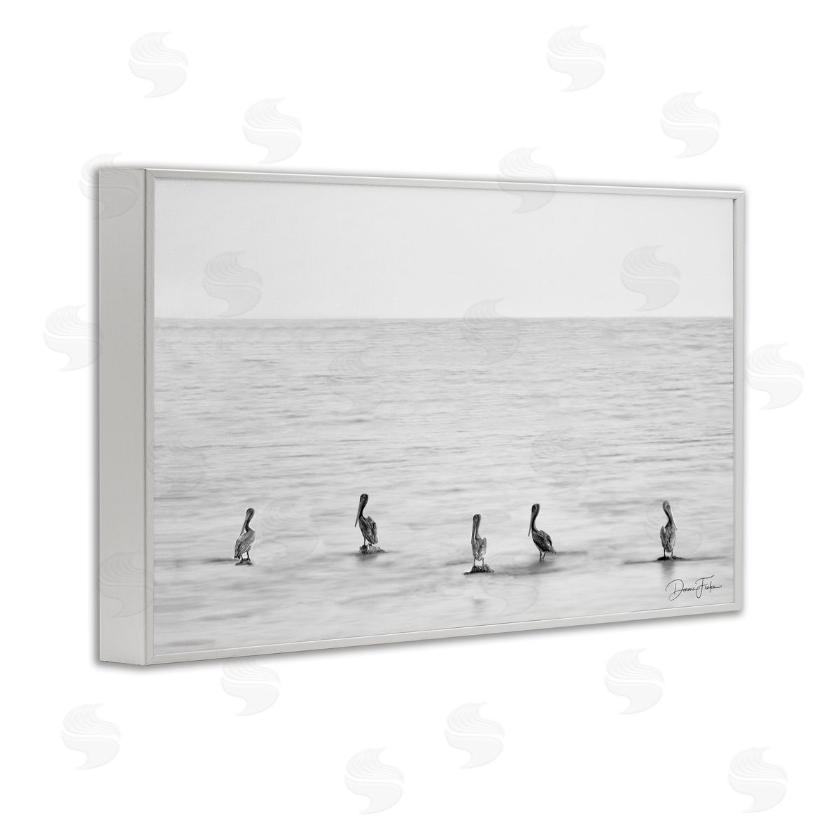 Pelicans on Shore White Frame Print Wall Art, Home Decor by Dennis Frates