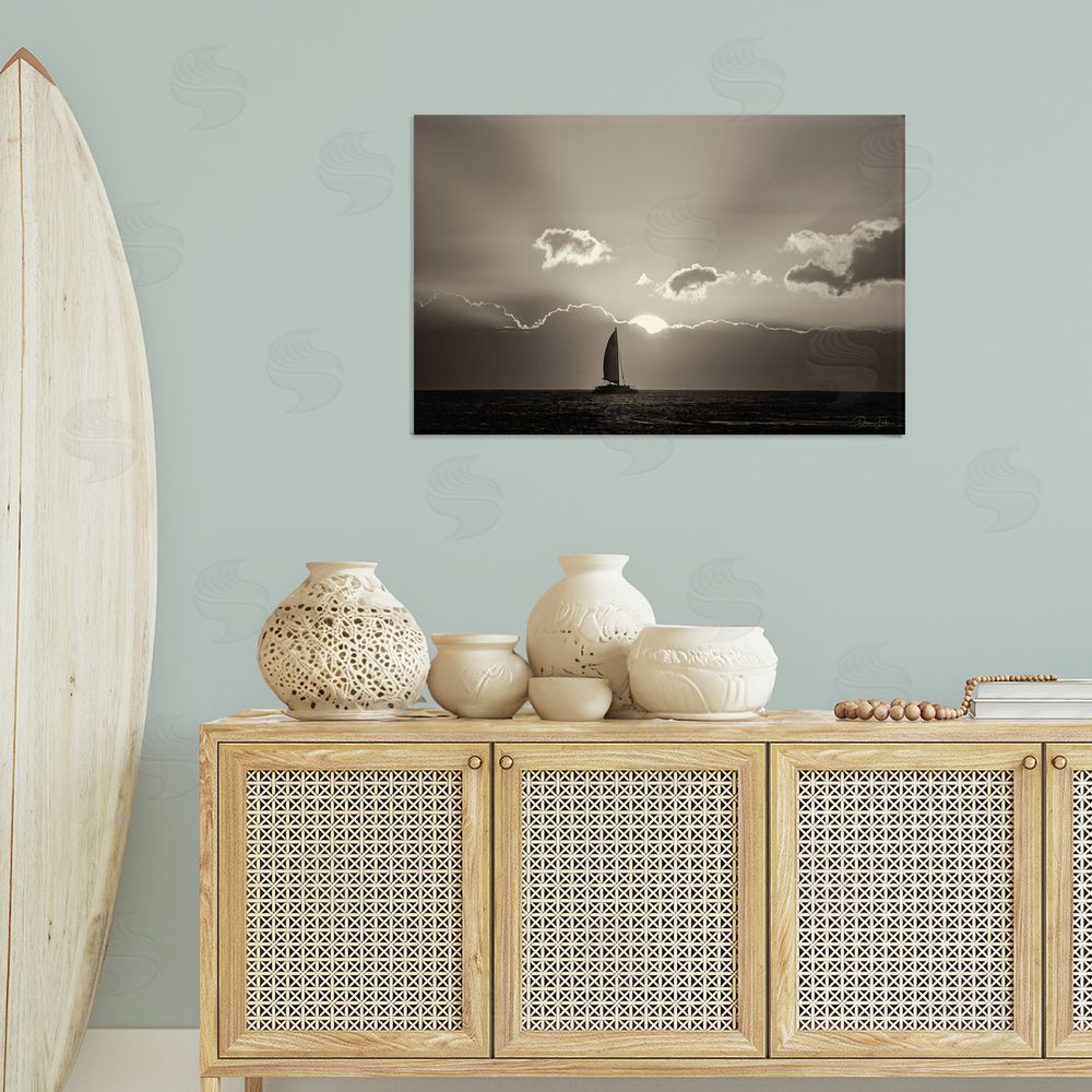 Dennis Frates Sun Peeking Over Boat Canvas Wall Art Print in Room