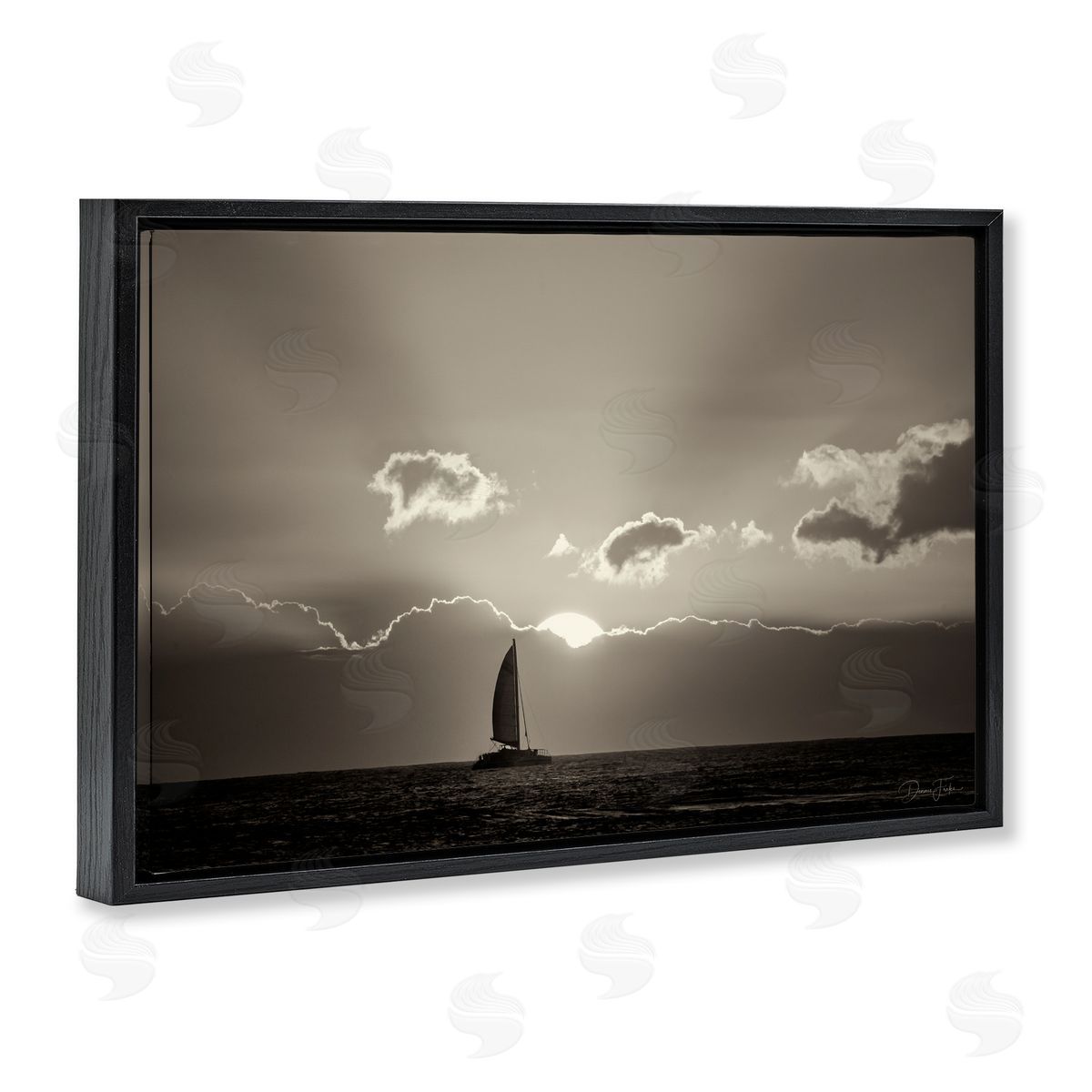 Dennis Frates Sun Peeking Over Boat Black Floating Frame Canvas Wall Art Print