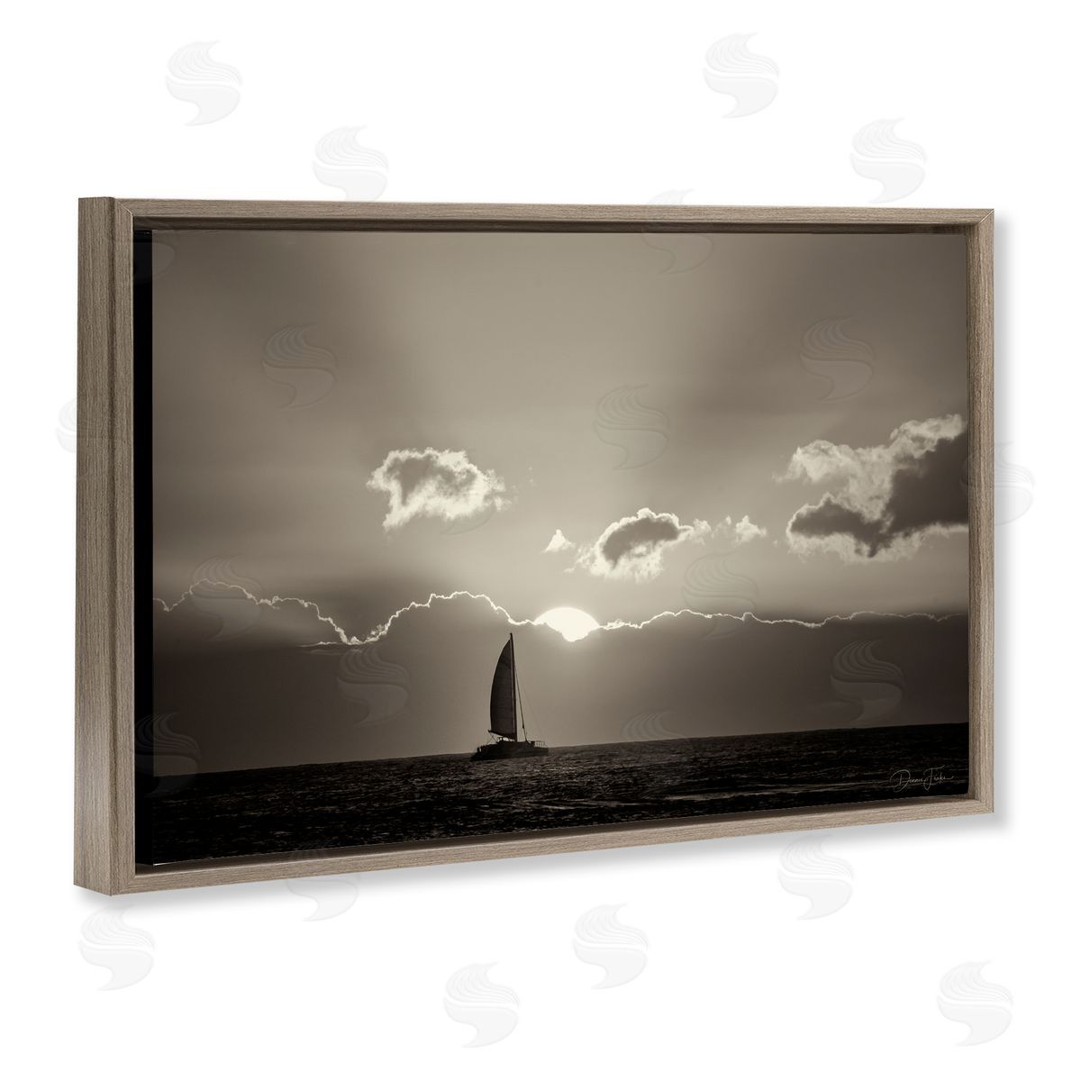 Dennis Frates Sun Peeking Over Boat Brown Floating Frame Canvas Wall Art Print