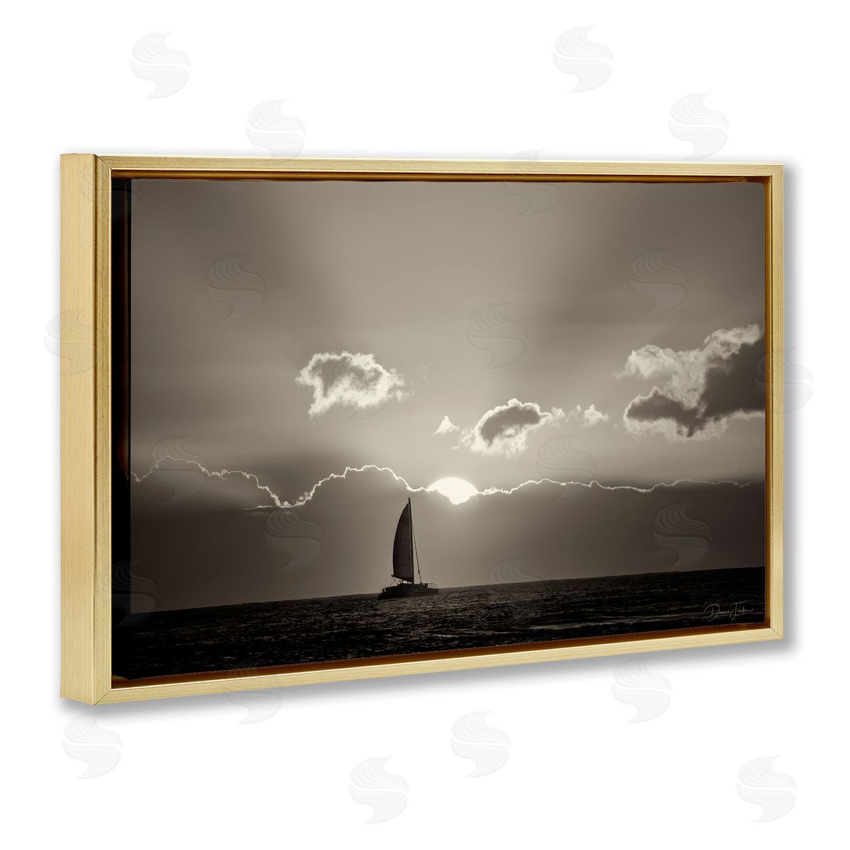 Dennis Frates Sun Peeking Over Boat Gold Floating Frame Canvas Wall Art Print