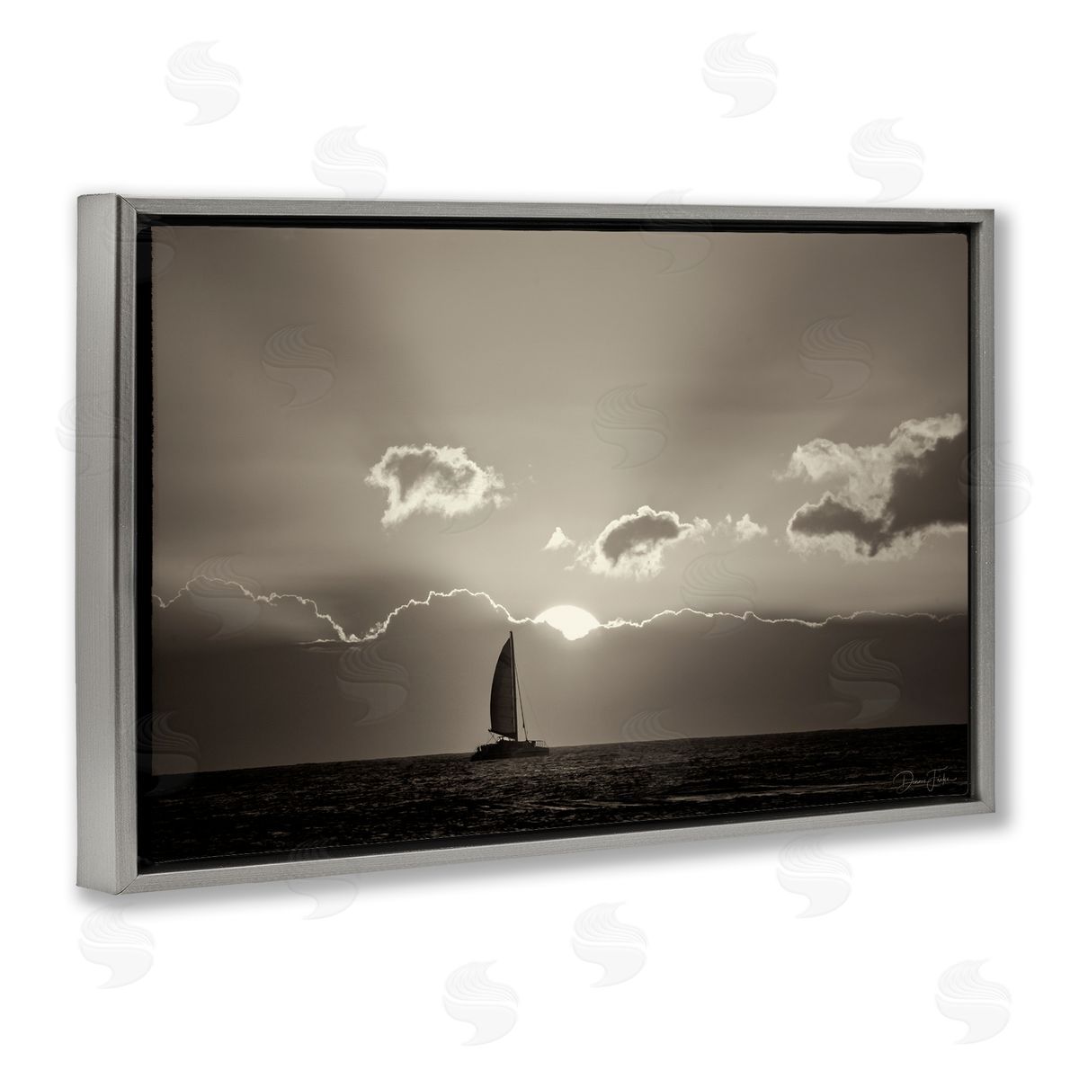 Dennis Frates Sun Peeking Over Boat Gray Floating Frame Canvas Wall Art Print